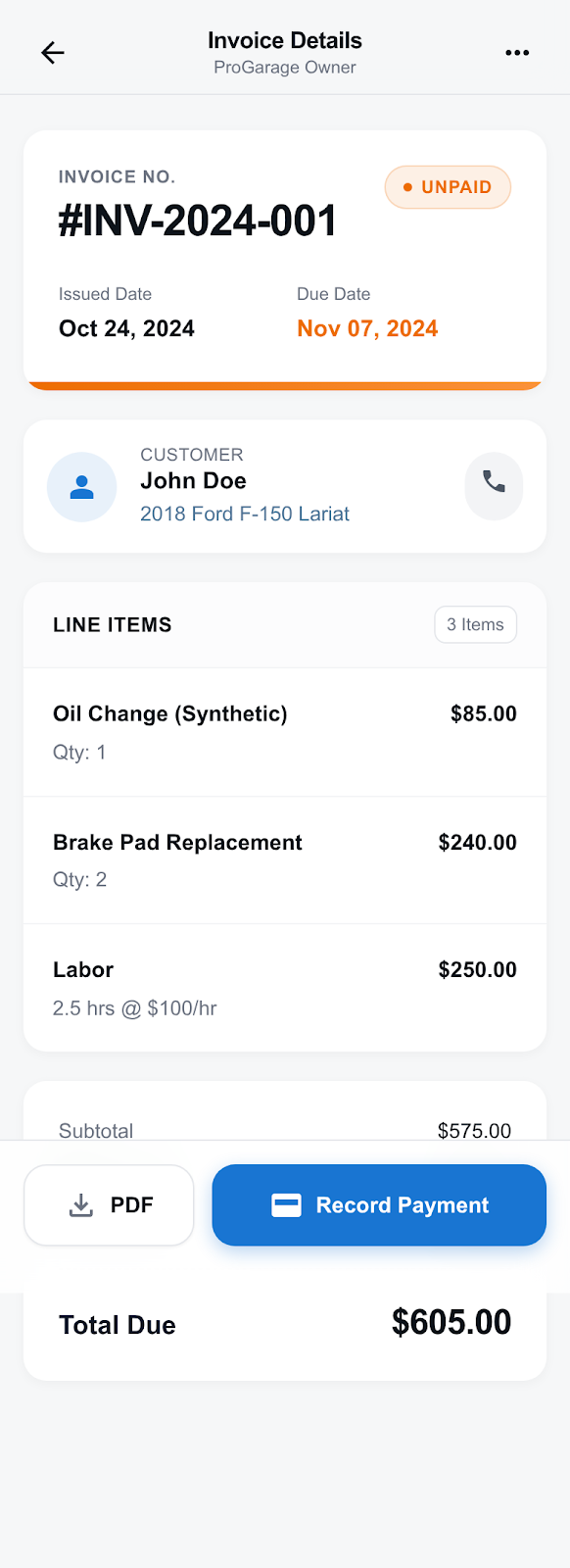 Pro Garage invoice view